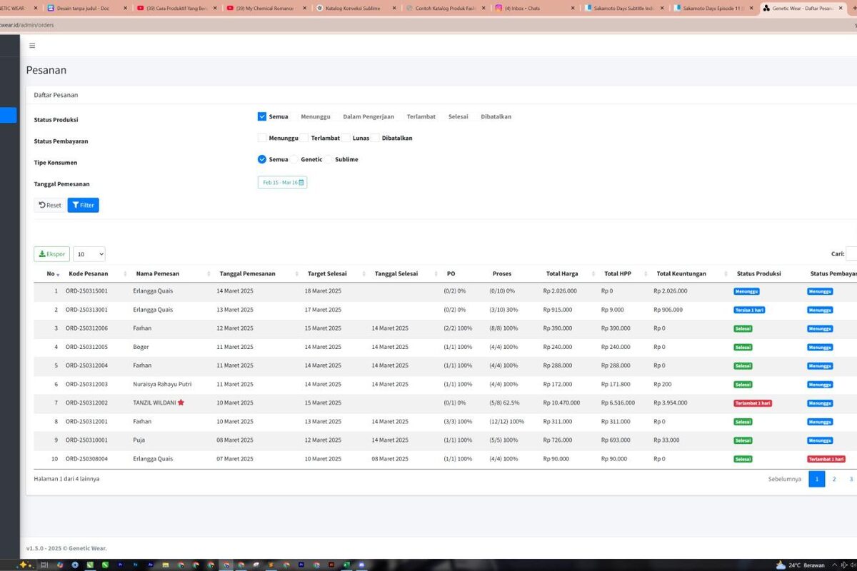 Genetic Wear order tracking screen showing production process stages